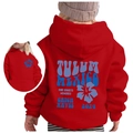 Red kids hoodie featuring vintage Beach Wild Wave 1971 floral back print with ribbed cuffs - 100cm / Red (Blue Print)