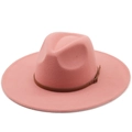 Classico cappello fedora in feltro di lana rosa a tesa larga con fascia in pelle - M (56-58cm) / Rosa Anguria