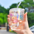 Iridescent glass tumbler with honeycomb texture and straw in outdoor sunlight - 400ml / Iridescent Honeycomb With Lid + Straw