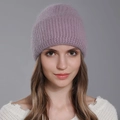 Women's lavender rabbit fur knit beanie showing soft angora texture and ribbed cuff - Purple