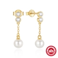 S925 sterling silver gold-plated earrings with cubic zirconia and white pearl drop tassels - Gold - Double Zirconia Pearl