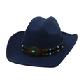 Classic navy blue western cowboy hat featuring a brown leather band and turquoise studs - One Size / Navy Blue (Sunflower Leather Band)