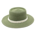 Detail of dark green straw boater hat featuring elegant white lace and pearl ribbon trim - M (56-58cm) / Army Green