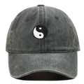 Macro detail of Tai Chi embroidery on dark gray washed vintage style cotton baseball cap - One Size / Army Green