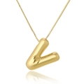 Macro detail of golden capital letter pendant with bamboo texture and box chain - Letter V / Gold