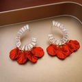 Detail of C-shaped earrings with clear zircons and cascading red flower petal charms - 925 Silver Needle Style (40#)