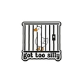 Cartoon enamel duck pin in a black cage with 'got too silly' text for clothes and bags - Duck In Cage (Got Too Silly)