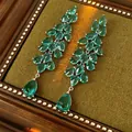 Elegant silver tassel earrings with emerald teardrop stones and leaf-shaped cubic zirconia - Silver Needle-Green-Large