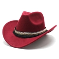 Detail of red wool felt western cowboy hat featuring ethnic braided band and black tassels - M (56-58cm) / Burgundy