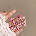 Detailed close-up of pink layered flower dangle earrings with a minimalist petal design - 7# Silver Needle-Pink