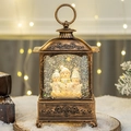 Vintage bronze Christmas lantern with snowmen and swirling glitter lights - 3 Snowmen Scene