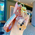 Creative bubble tea keychain with mini water dispenser and brown bear silicone strap - Oil-infused Bubble Tea - Bucket Style