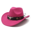 Pink felt cowboy hat with black leather band and silver bull head metal decoration - M (56-59cm) / Rose Red With Black Leather Belt