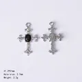 Silver gothic cross charm with black gemstone inlay and fleur-de-lis design details - 91539 Black