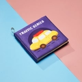 Traffic series baby cloth book in purple and yellow with a convenient white hanging ring - Traffic Cognitive Cloth Book English Version