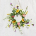 Detailed close-up of handmade artificial flower wreath with yellow daisies and lavender - Purple Yellow Pink Daisy Summer Wreath (FW251121)