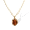Franse vintage parelketting met bruine tijgeroog hanger en goudkleurige kristallen - Ovalen Stijl (XL151) / XL151 Bruine Tijgeroog Gouden Ketting