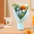 Handmade knitted sunflower bouquet with blue roses and premium transparent gift bag - Blue