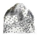Close-up of black paisley pattern print on a white knit slouchy beanie hat - Small Paisley White