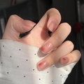 Close-up of pink gradient handmade press-on nails with glossy cat eye french finish - By1671 Autumn Brown Amber / Glue Type