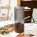 Minimalist glass vase with wooden base, 25cm height for hydroponic plants and decor - Stripe Smoke Grey With Wood Base
