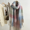 Close-up of pastel plaid mohair scarf texture with soft tassels and woven fibers - 38*250cm / Pink Blue Plaid