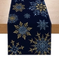 Dark blue Christmas table runner featuring gold and blue snowflake prints on fabric - 33cmx180cm / Dark Blue-Gold Snowflakes(ZQ31-8)