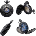 Vintage black mechanical pocket watch with floral engraving and hollow dial detail - Double Open Picture Style / Black
