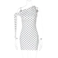 Detail of slim-fit polka dot mini dress with one-shoulder design and waist ties - S / White with Black Polka Dots / White