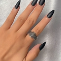 Gothic punk silver skull ring featuring vintage distressed texture on model hand - Large Skull Design Band Ring (A-838) / Antique Silver