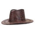 Deep brown cowboy hat with vintage cracked leather texture and black hand-stitched detailing - Adjustable / Coffee
