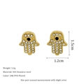 Detailed view of Hamsa Hand stud earrings with 18K gold plating and dimension markings - Black