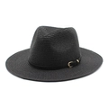 Close-up of woven straw texture and black leather band with gold buckle on sun hat - Black