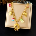 Detail of gold chain necklace with colorful bead charms and sun smiley pendant - Necklace Only (N3645)