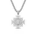 Saint Benedict Medal necklace in polished stainless steel with box chain on white background - Pendant with Round Box Chain Set / 3mm x 60cm / Steel