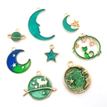 Detail of green enamel moon and star charms with gold alloy frames for DIY jewelry - Green Series (HK519) / Set of 8 / Green