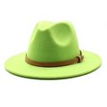 Detail of neon green wool fedora hat featuring a brown snakeskin pattern band and wide brim - M (56-58cm) / Fluorescent Green