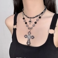 Layered punk necklace with black beads and a large rhinestone cross pendant - Rhinestone Multi-layer Black Grey Bead Cross Necklace