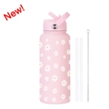 Borraccia sportiva 1L in acciaio rosa con margherite, manico e set di cannucce - Rosa Chiaro 11X