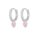 Silver hoop earrings with sparkling cubic zirconia and pink enamel heart charms - Silver - Pink