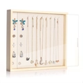 Solid wood jewelry organizer box with clear sliding panel and beige velvet lining - Flat Style / Beige Linen