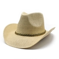 Dettaglio cappello cowboy in paglia beige con fascia intrecciata nero e oro su bianco - M (56-58cm) / Beige