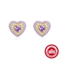 925 Sterling silver heart stud earrings with purple enamel and zircon stone - Gold Purple Enamel Heart with Purple Zircon