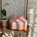 Rosafarbene gesteppte Kosmetiktasche mit großer Schleife und 3D-Blumenmuster für Reisen - Gesteppte Blume Rosa
