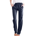 Detailed texture of women cotton linen pants with adjustable drawstring and elastic waistband - S / Navy Blue