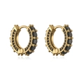 Detailed macro view of gold hoops with double rows of black rhinestones on white base - Gold Black Zirconia