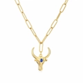 Vintage 18K vergoldete Stierkopf-Halskette mit blauem Zirkonia an einer Büroklammerkette - Gold