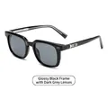 Classic glossy black square frame sunglasses with gray lenses and silver metal temple accents - Glossy Black Frame Grey Lens