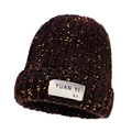 Dark brown nep yarn knit beanie with colorful flecks and white brand label - Coffee