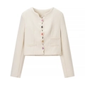 French style tweed jacket in cream white featuring unique wavy placket and heart buttons - S / Off White